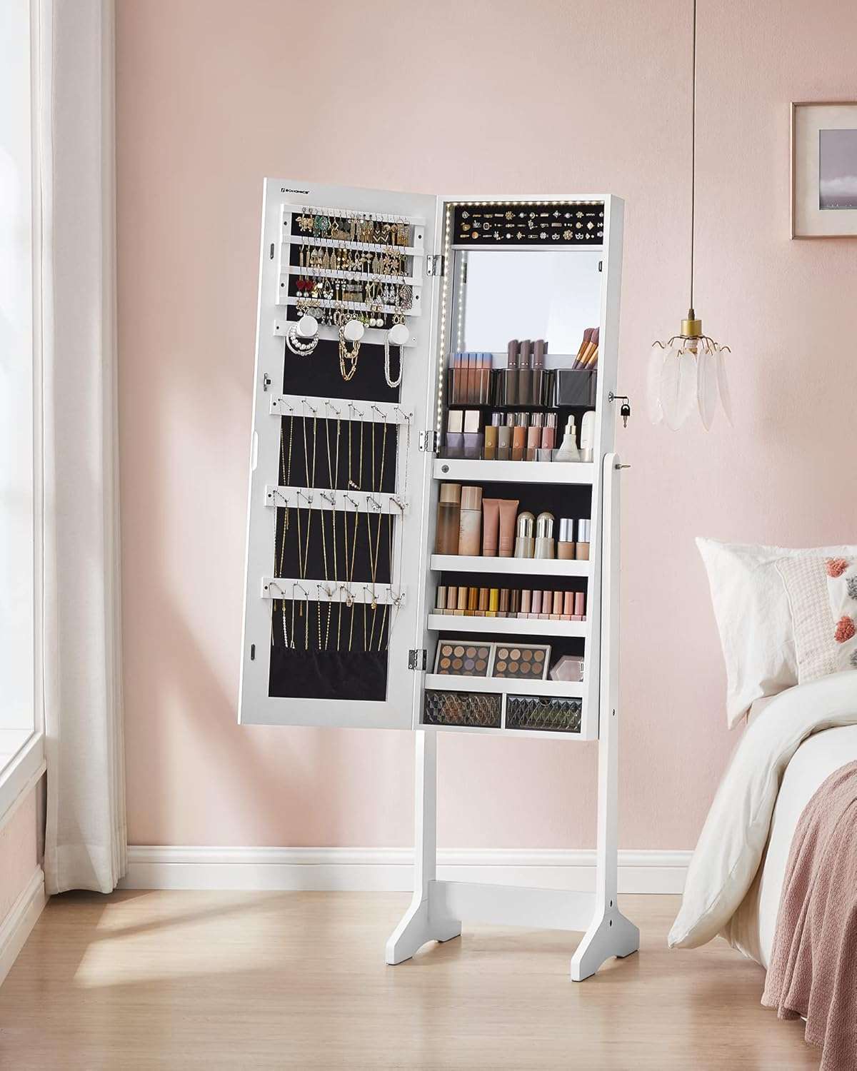 SONGMICS Mirror Jewelry Cabinet Standing Armoire Organizer, Jewelry Storage with Full-Length Frameless LED Lights, Built-in Makeup Mirror, 2 Drawers, Lockable, White - 9