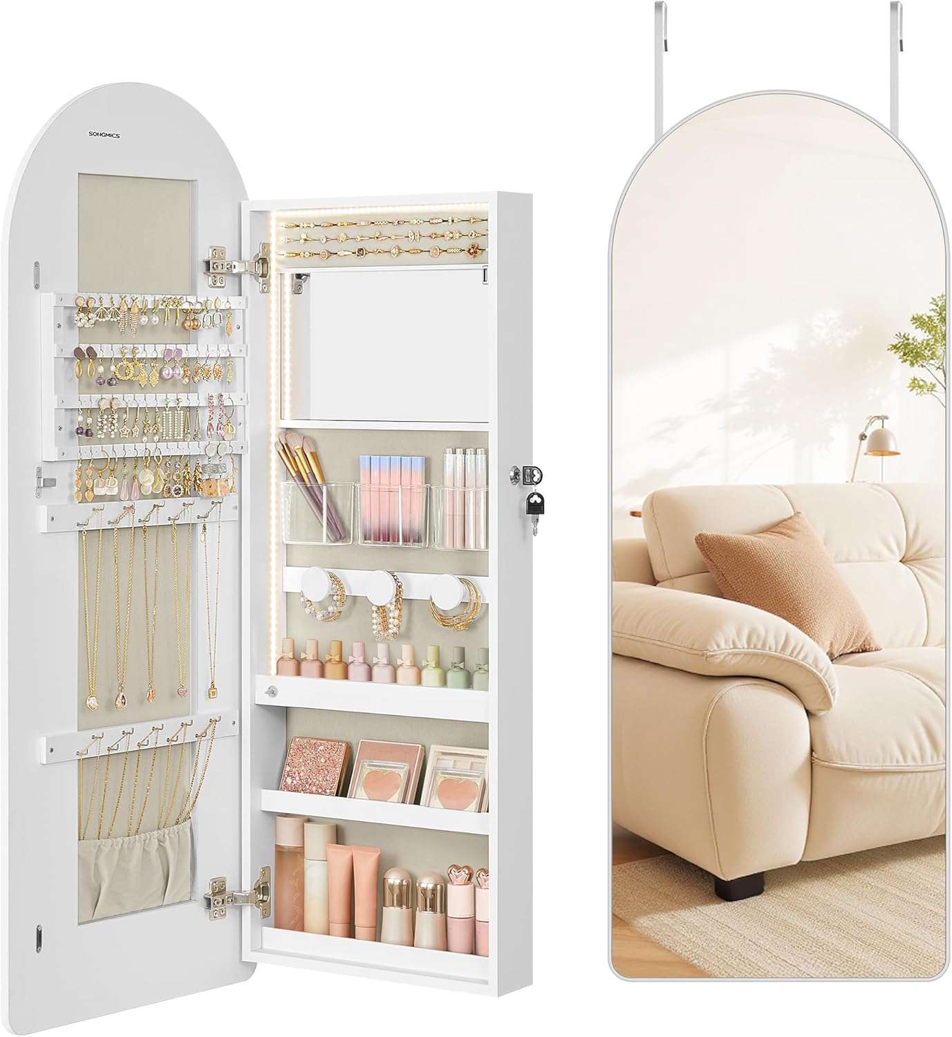 SONGMICS Wide Jewelry Organizer, LED Jewelry Cabinet Wall-Door Mounted, Arched Mirror with Storage, Lockable, Rounded Corner, Interior Mirror, 3.9 x 16.5 x 42.5 Inches, Cloud White - 1