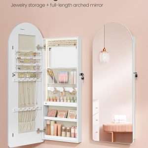 SONGMICS Wide Jewelry Organizer, LED Jewelry Cabinet Wall-Door Mounted, Arched Mirror with Storage, Lockable, Rounded Corner, Interior Mirror, 3.9 x 16.5 x 42.5 Inches, Cloud White - 4