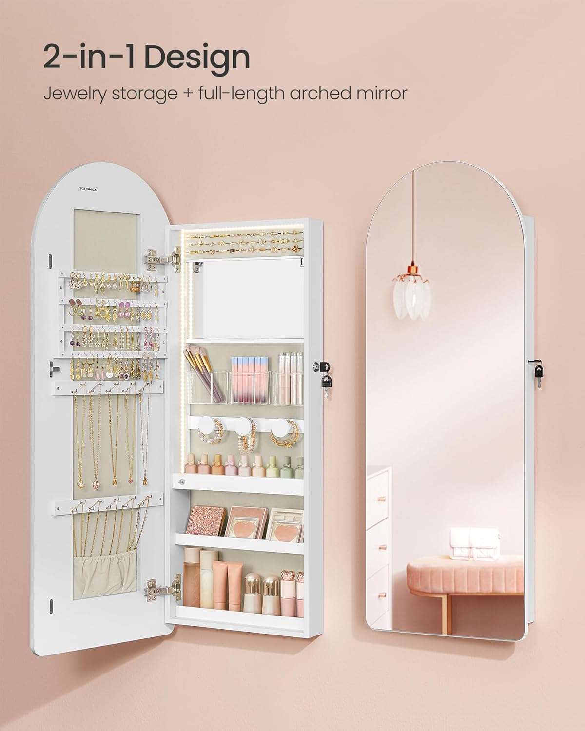 SONGMICS Wide Jewelry Organizer, LED Jewelry Cabinet Wall-Door Mounted, Arched Mirror with Storage, Lockable, Rounded Corner, Interior Mirror, 3.9 x 16.5 x 42.5 Inches, Cloud White - 4