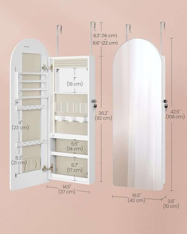 SONGMICS Wide Jewelry Organizer, LED Jewelry Cabinet Wall-Door Mounted, Arched Mirror with Storage, Lockable, Rounded Corner, Interior Mirror, 3.9 x 16.5 x 42.5 Inches, Cloud White - 5