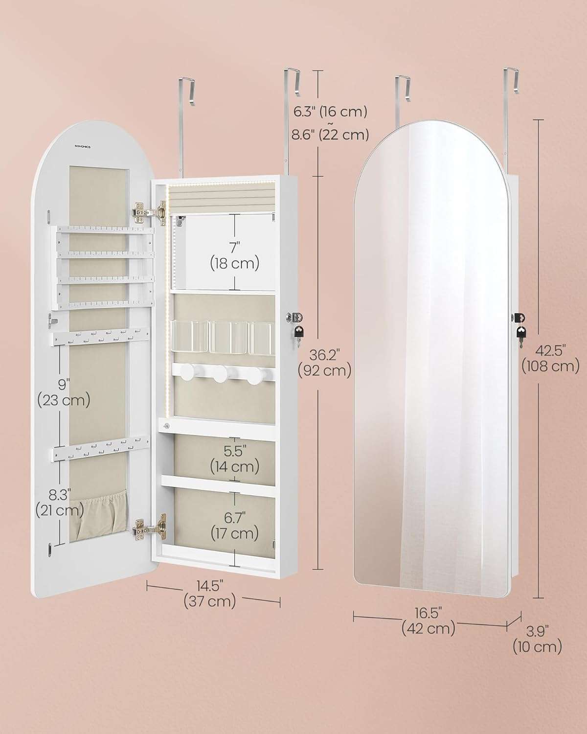 SONGMICS Wide Jewelry Organizer, LED Jewelry Cabinet Wall-Door Mounted, Arched Mirror with Storage, Lockable, Rounded Corner, Interior Mirror, 3.9 x 16.5 x 42.5 Inches, Cloud White - 5