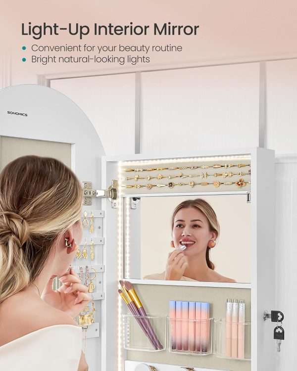 SONGMICS Wide Jewelry Organizer, LED Jewelry Cabinet Wall-Door Mounted, Arched Mirror with Storage, Lockable, Rounded Corner, Interior Mirror, 3.9 x 16.5 x 42.5 Inches, Cloud White - 6