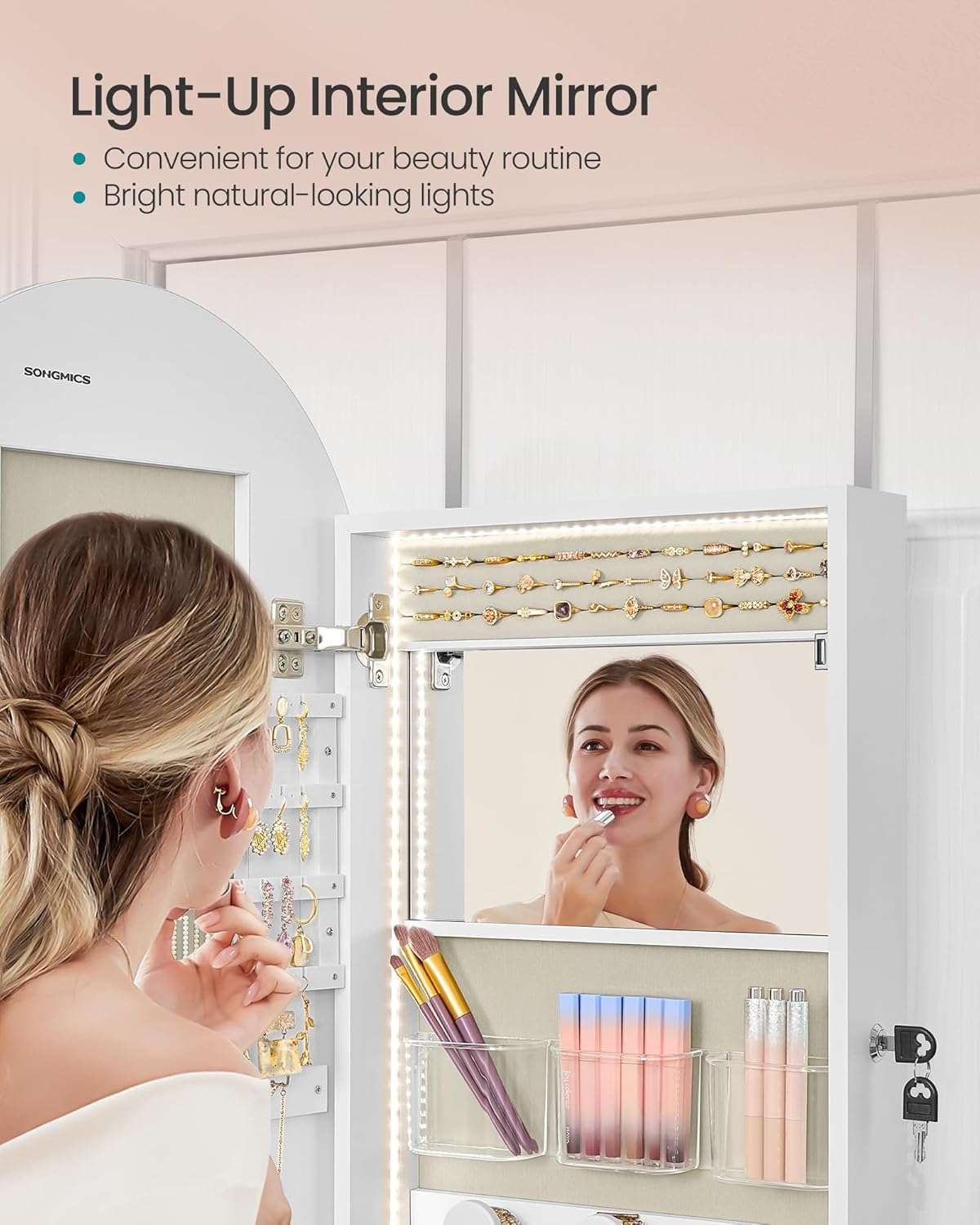SONGMICS Wide Jewelry Organizer, LED Jewelry Cabinet Wall-Door Mounted, Arched Mirror with Storage, Lockable, Rounded Corner, Interior Mirror, 3.9 x 16.5 x 42.5 Inches, Cloud White - 6