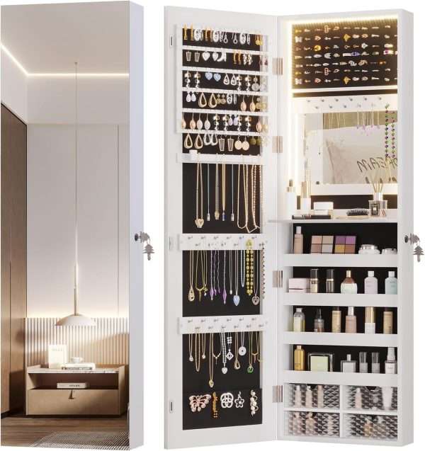 Vlsrka 47.2 LED Jewelry Mirror Cabinet, Wall-Door Mounted Jewelry Armoire Organizer with Full Length Mirror, Large Storage Hanging Cabinet, 4 Drawers, 5 Shelves, Built-in Lighted Mirror - 1