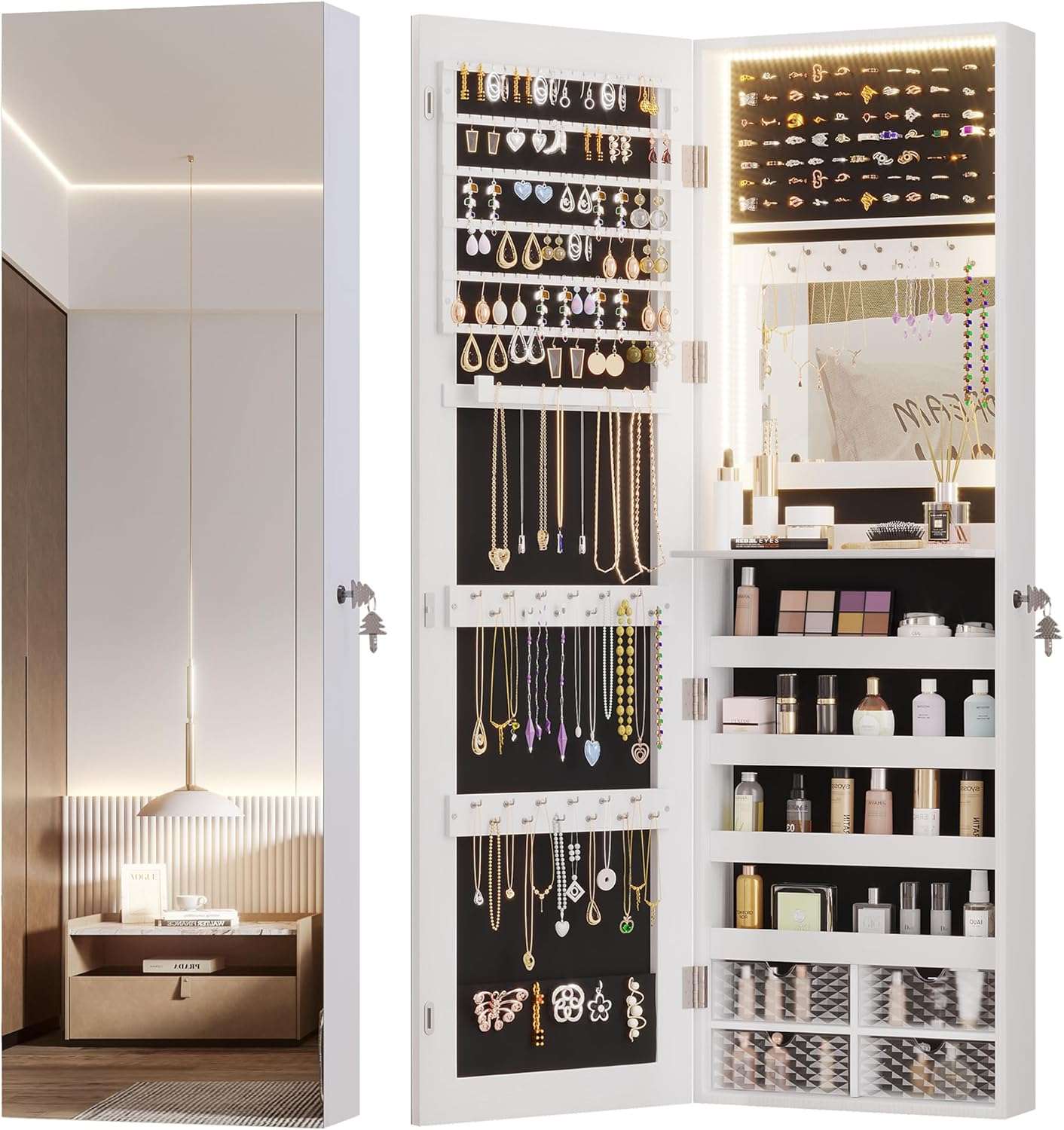Vlsrka 47.2 LED Jewelry Mirror Cabinet, Wall-Door Mounted Jewelry Armoire Organizer with Full Length Mirror, Large Storage Hanging Cabinet, 4 Drawers, 5 Shelves, Built-in Lighted Mirror - 1