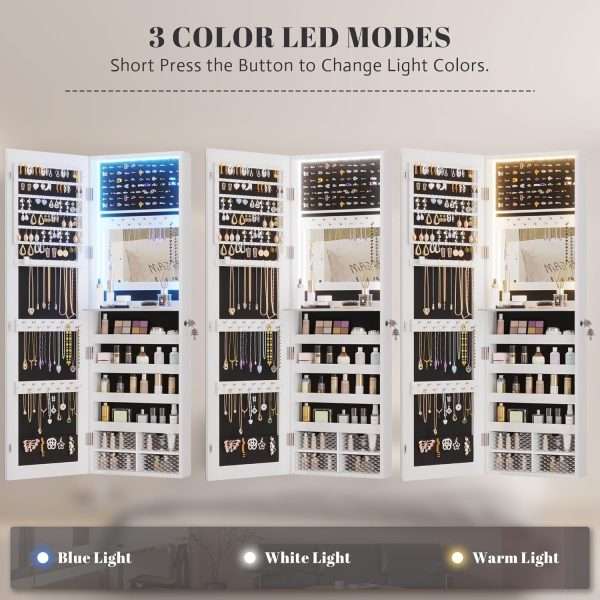 Vlsrka 47.2 LED Jewelry Mirror Cabinet, Wall-Door Mounted Jewelry Armoire Organizer with Full Length Mirror, Large Storage Hanging Cabinet, 4 Drawers, 5 Shelves, Built-in Lighted Mirror - 4