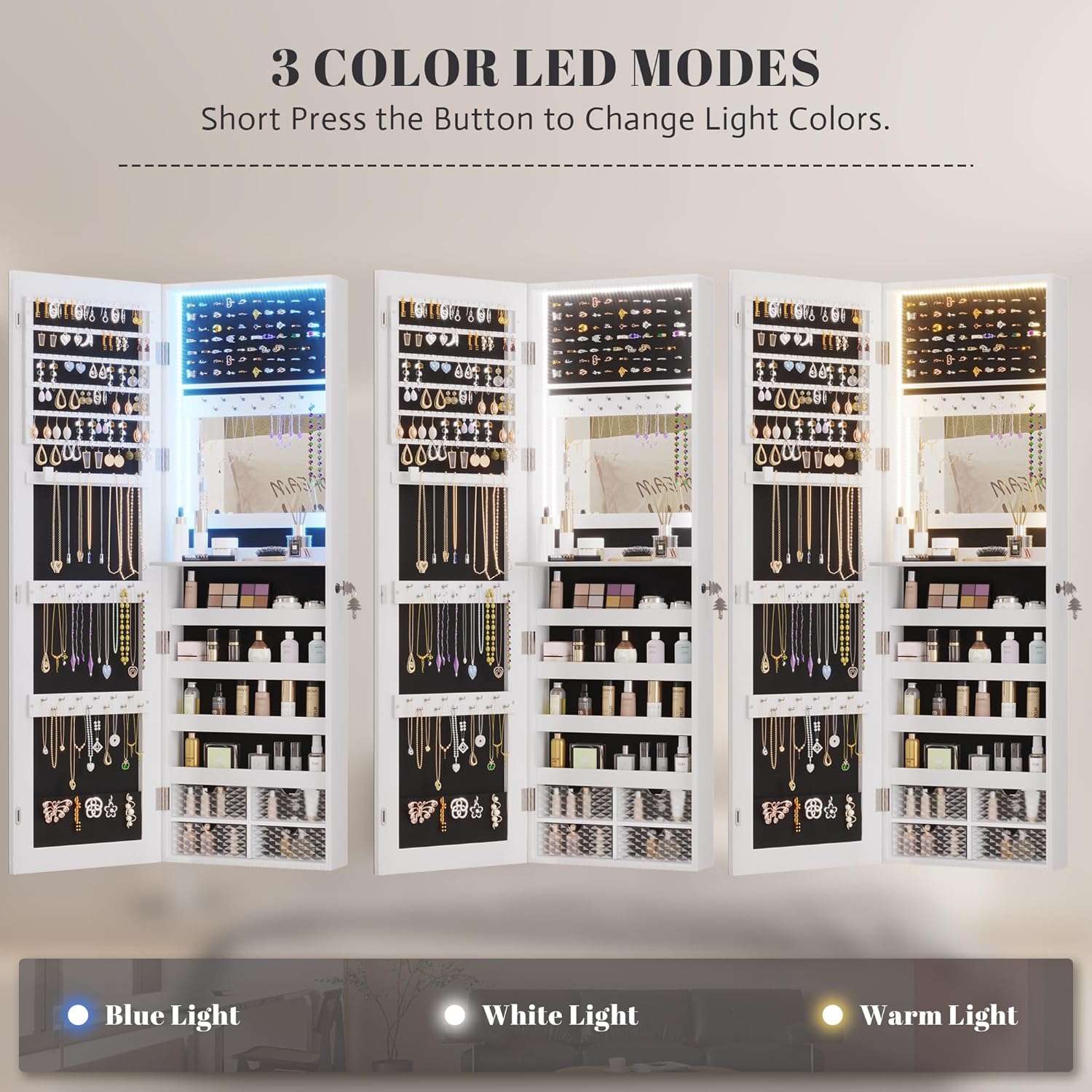 Vlsrka 47.2 LED Jewelry Mirror Cabinet, Wall-Door Mounted Jewelry Armoire Organizer with Full Length Mirror, Large Storage Hanging Cabinet, 4 Drawers, 5 Shelves, Built-in Lighted Mirror - 4