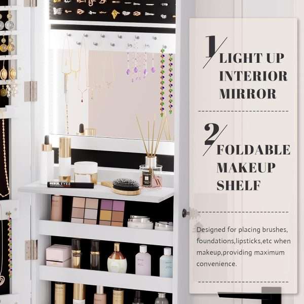 Vlsrka 47.2 LED Jewelry Mirror Cabinet, Wall-Door Mounted Jewelry Armoire Organizer with Full Length Mirror, Large Storage Hanging Cabinet, 4 Drawers, 5 Shelves, Built-in Lighted Mirror - 5
