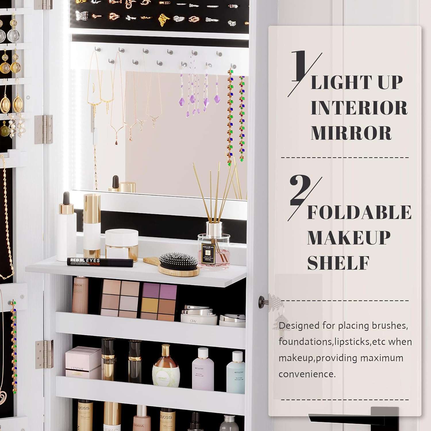 Vlsrka 47.2 LED Jewelry Mirror Cabinet, Wall-Door Mounted Jewelry Armoire Organizer with Full Length Mirror, Large Storage Hanging Cabinet, 4 Drawers, 5 Shelves, Built-in Lighted Mirror - 5
