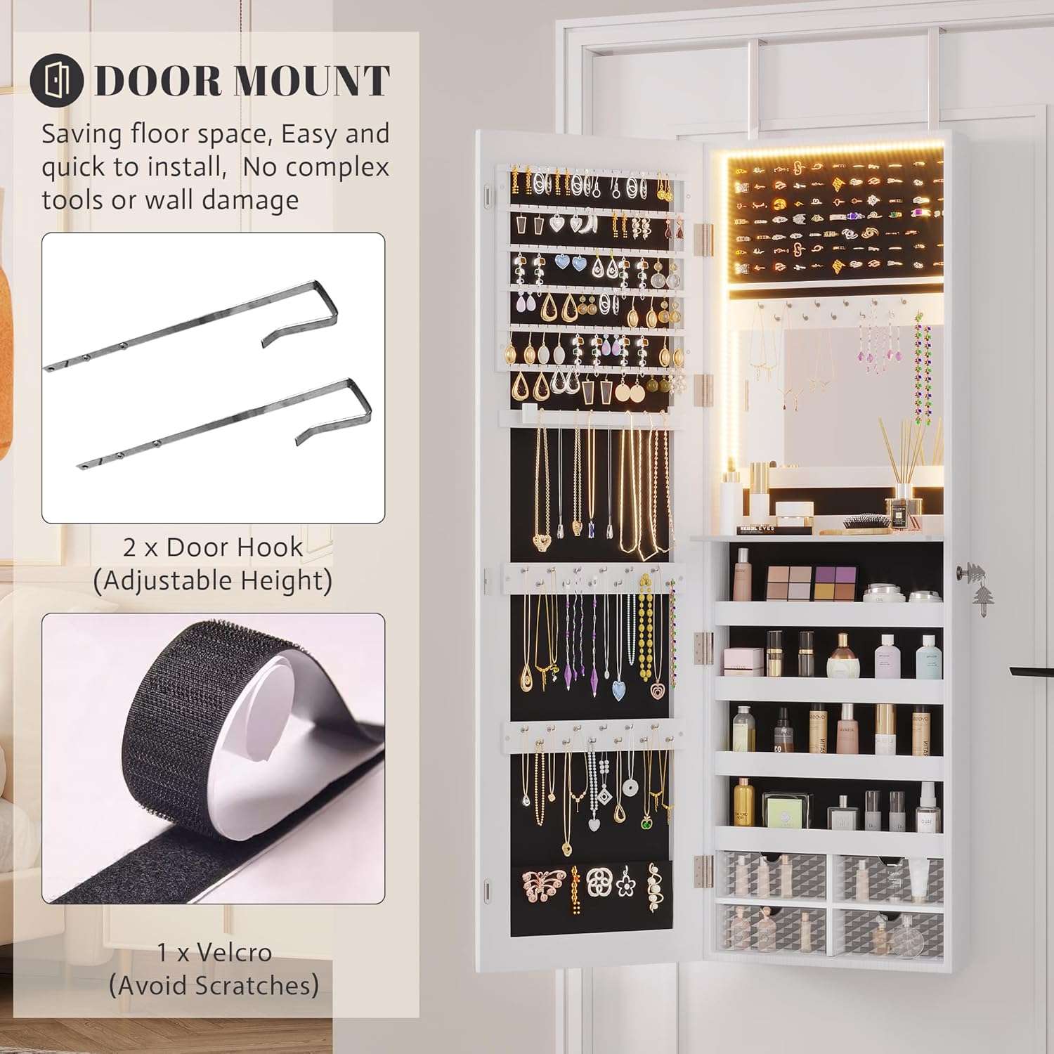 Vlsrka 47.2 LED Jewelry Mirror Cabinet, Wall-Door Mounted Jewelry Armoire Organizer with Full Length Mirror, Large Storage Hanging Cabinet, 4 Drawers, 5 Shelves, Built-in Lighted Mirror - 6