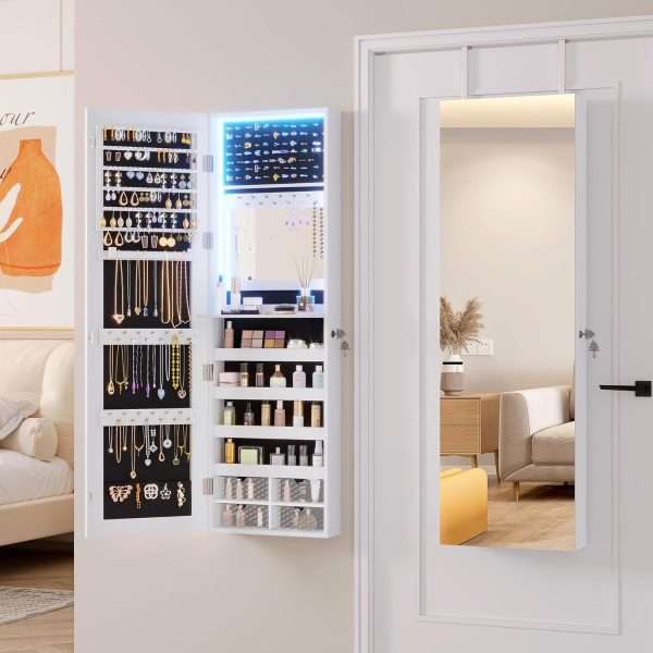 Vlsrka 47.2 LED Jewelry Mirror Cabinet, Wall-Door Mounted Jewelry Armoire Organizer with Full Length Mirror, Large Storage Hanging Cabinet, 4 Drawers, 5 Shelves, Built-in Lighted Mirror - 9