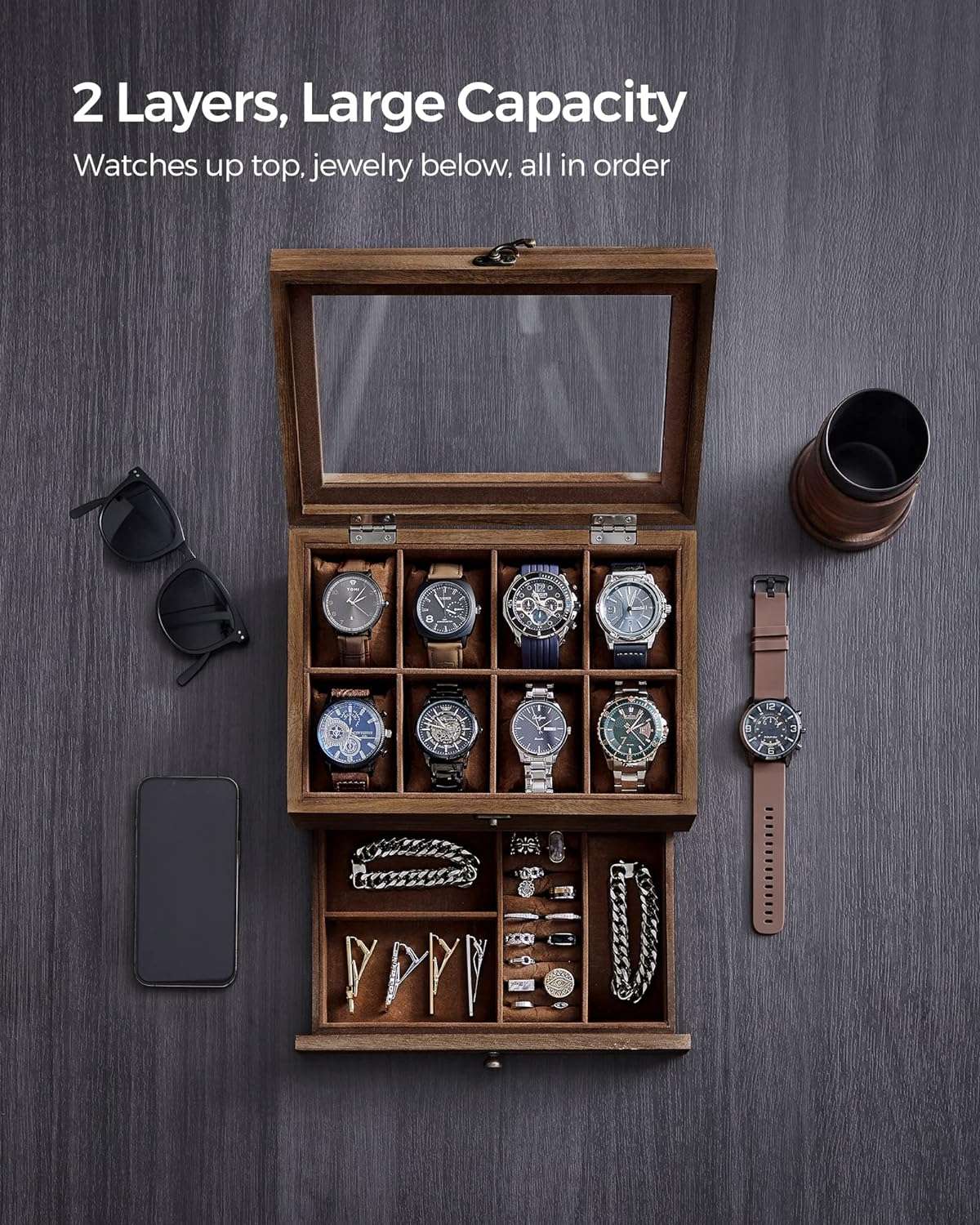 SONGMICS 8-Slot Watch Box, 2-Tier Watch Display Case with Large Glass Lid, Removable Watch Pillows, Velvet Lining, Jewelry Box, Gift Idea - 3