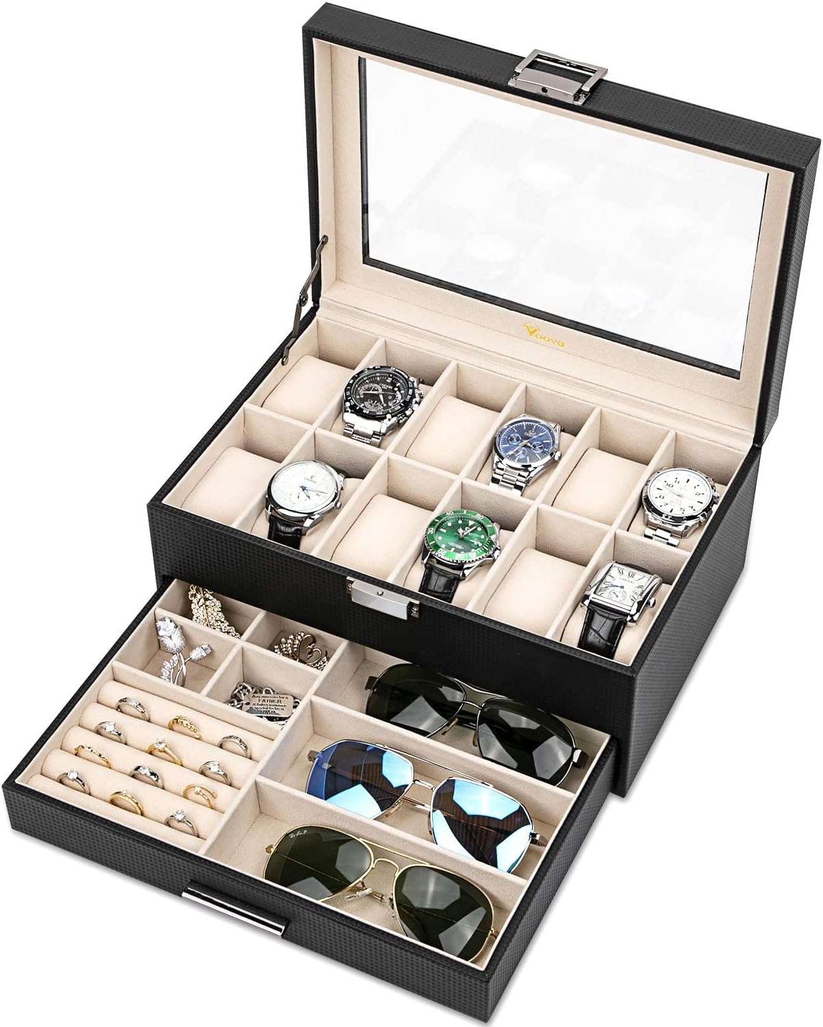 Voova Jewelry Box Organizer for Men Women, 2 Layer Large 12 Slot PU Leather Watch Storage Case, Glass Top Jewelry Display Holder for Watches Sunglasses - 9
