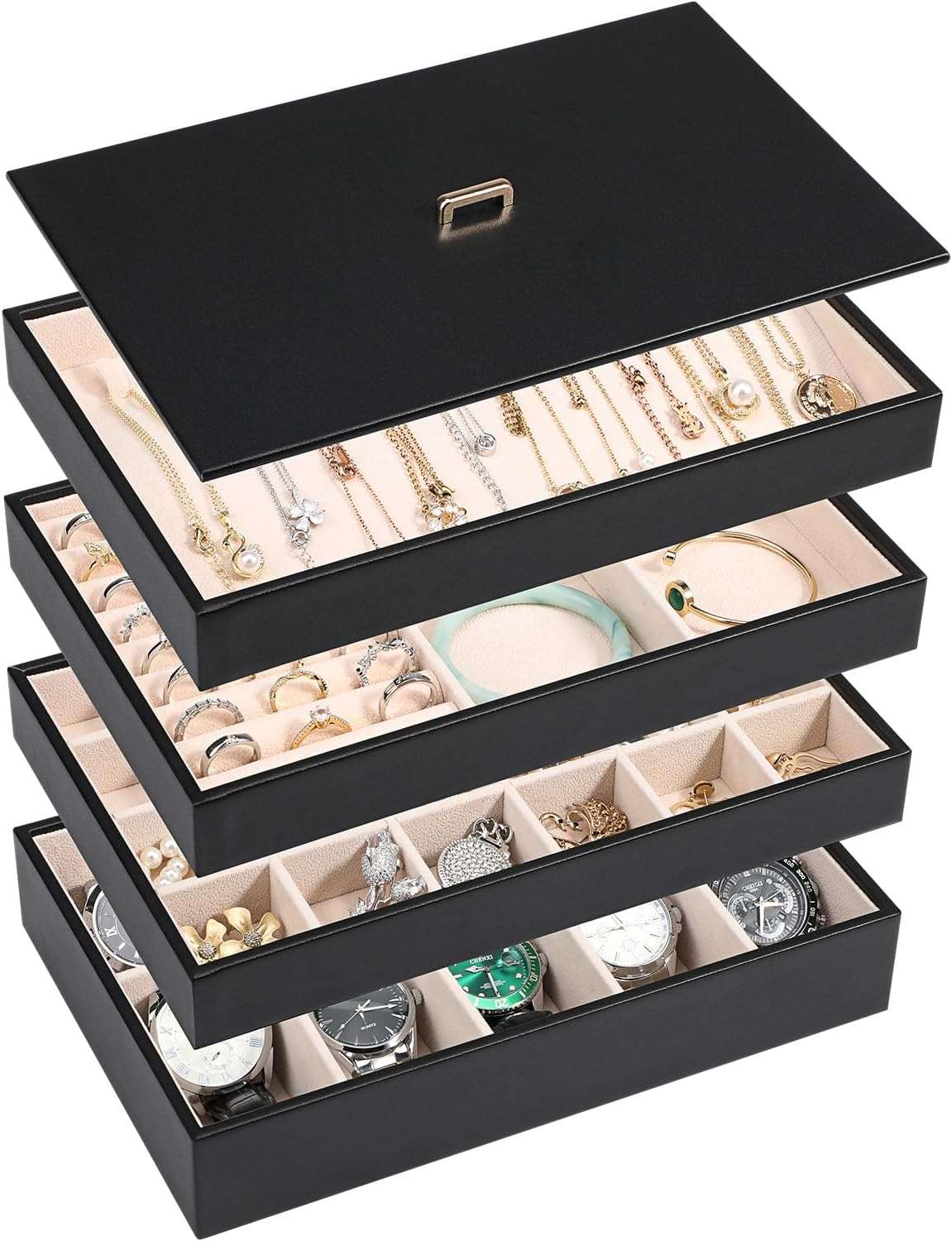 Voova Stackable Jewelry Organizer Tray with Lid, PU Leather Jewelry Storage Holder for Drawer Inserts, Jewellery Display Box Case for Earring Necklace Ring Watch Bracelet - 1