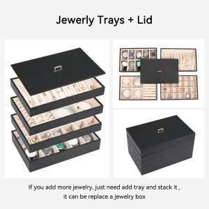 Voova Stackable Jewelry Organizer Tray with Lid, PU Leather Jewelry Storage Holder for Drawer Inserts, Jewellery Display Box Case for Earring Necklace Ring Watch Bracelet - 3