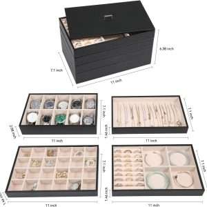 Voova Stackable Jewelry Organizer Tray with Lid, PU Leather Jewelry Storage Holder for Drawer Inserts, Jewellery Display Box Case for Earring Necklace Ring Watch Bracelet - 5