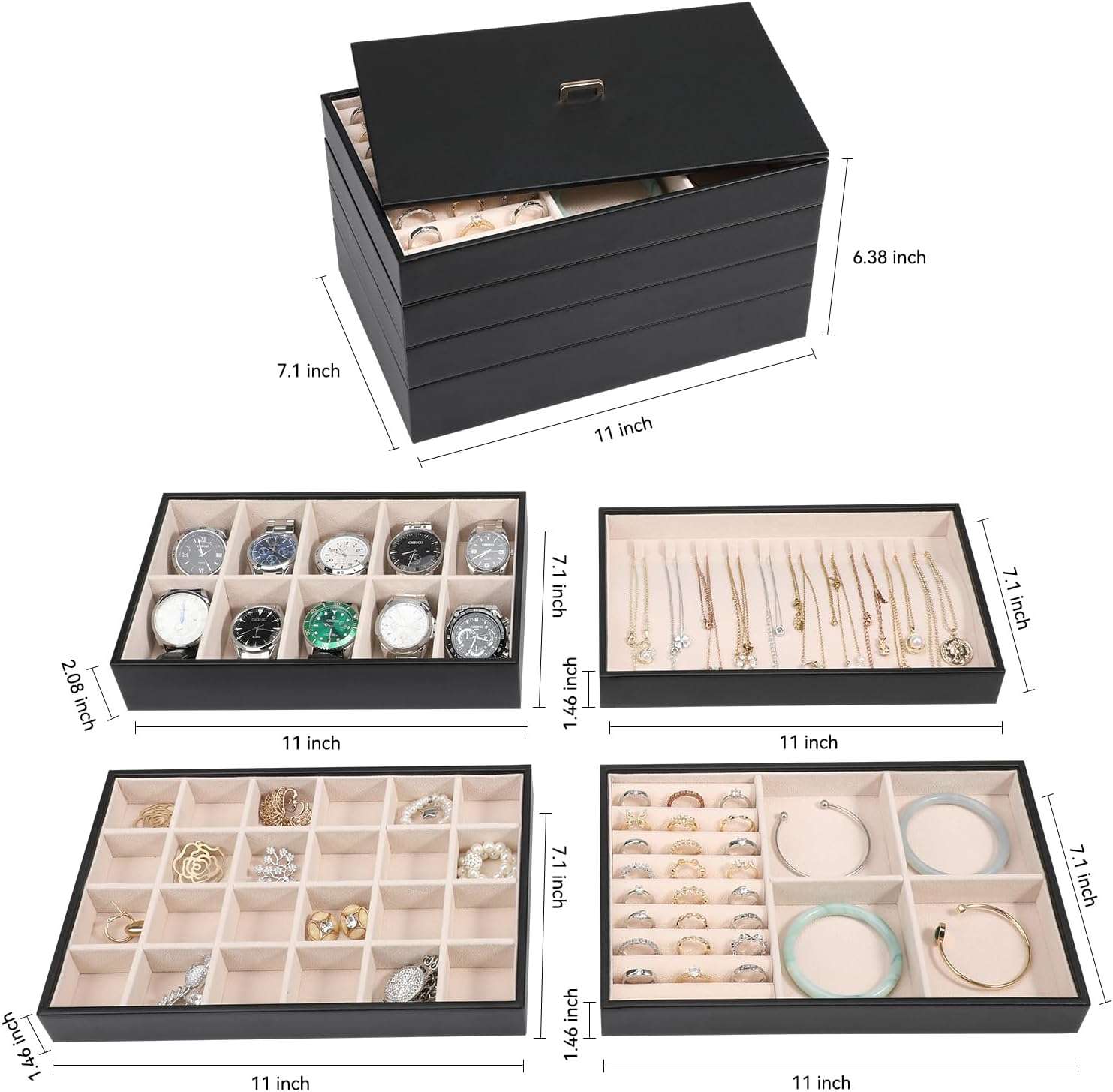 Voova Stackable Jewelry Organizer Tray with Lid, PU Leather Jewelry Storage Holder for Drawer Inserts, Jewellery Display Box Case for Earring Necklace Ring Watch Bracelet - 5