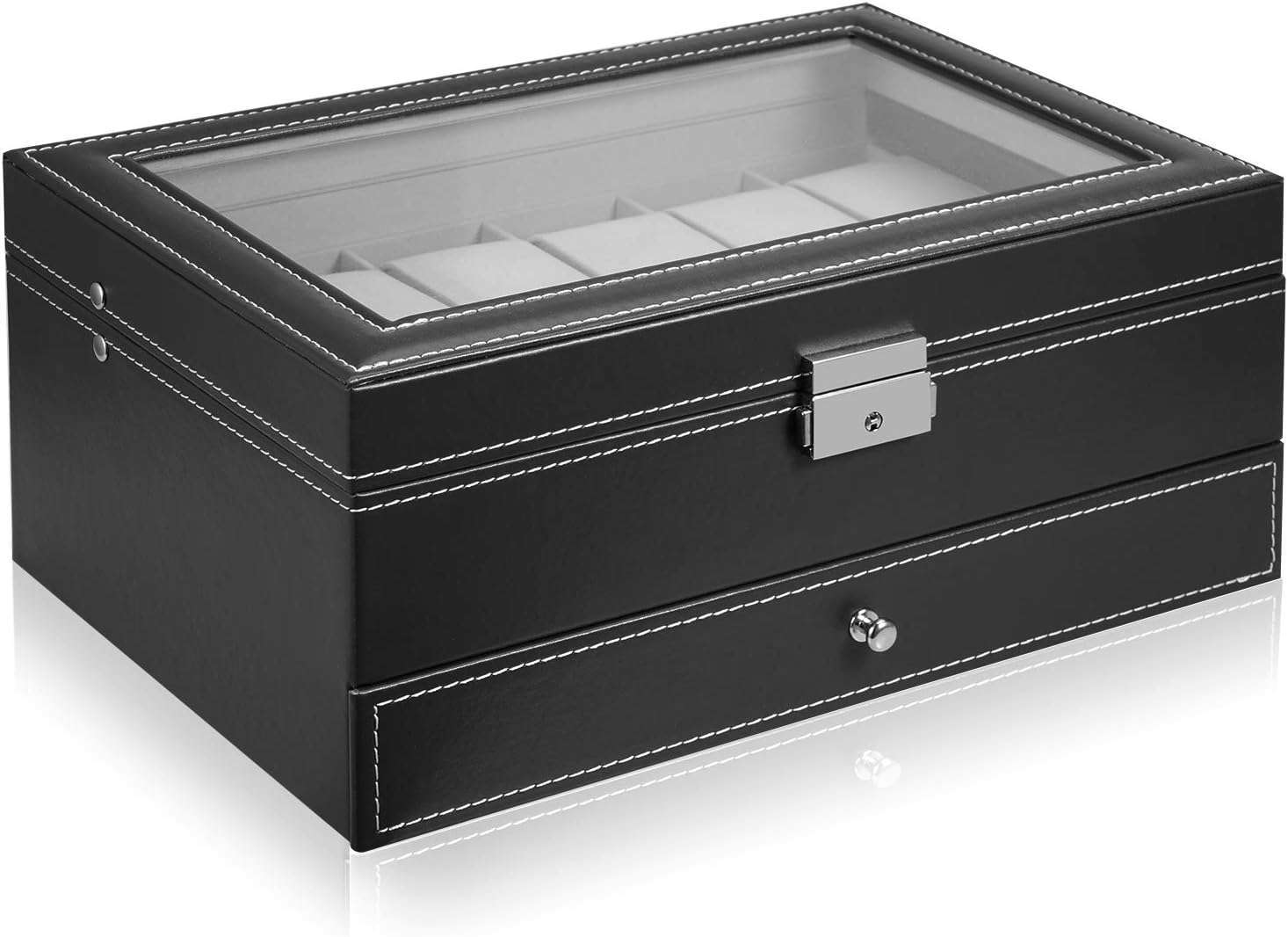 Hossejoy Leather Watch Box 12 Mens Watch Organizer with Jewelry Display Drawer Lockable Watch Case Organizer, Black - 2