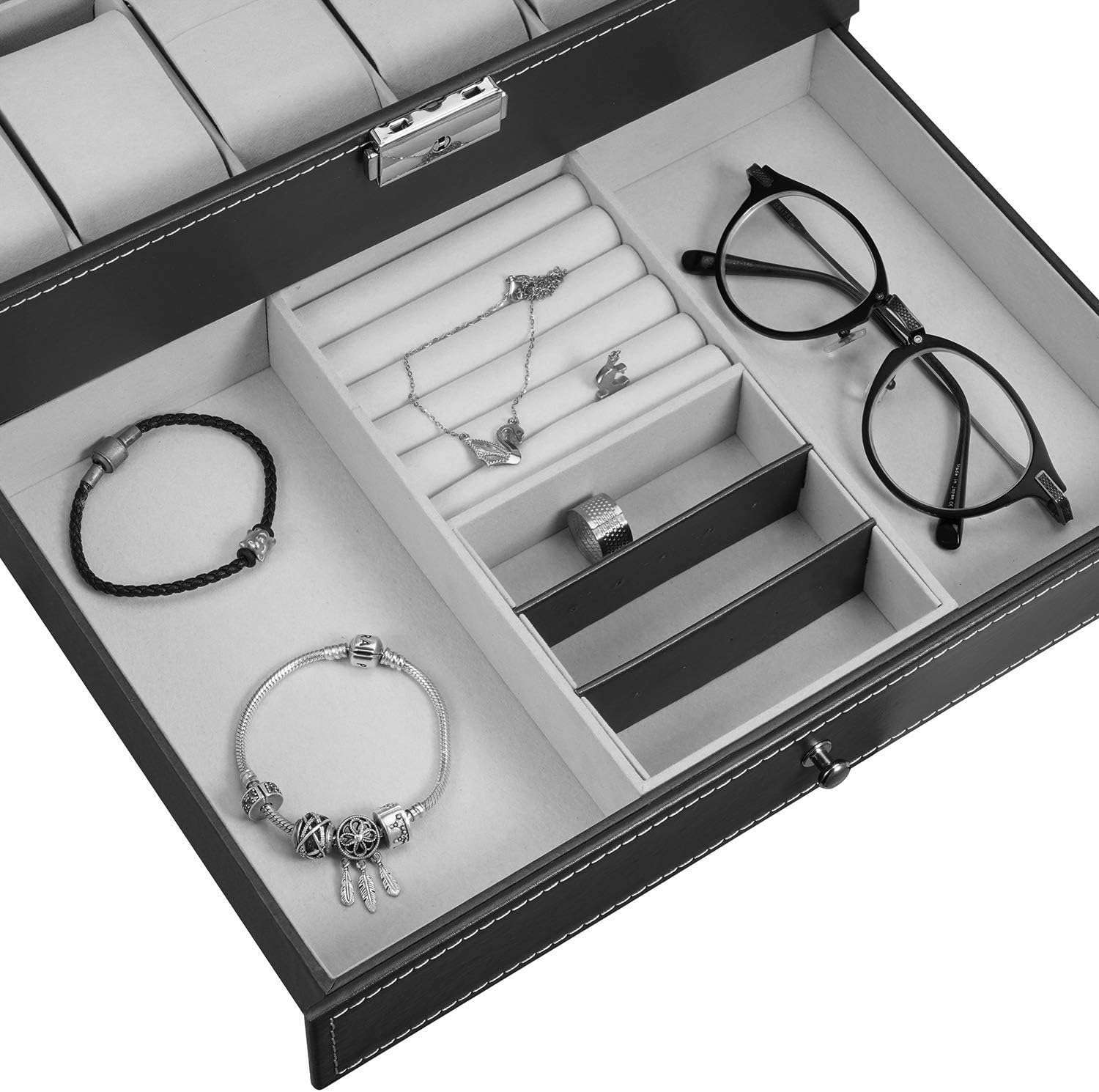 Hossejoy Leather Watch Box 12 Mens Watch Organizer with Jewelry Display Drawer Lockable Watch Case Organizer, Black - 3