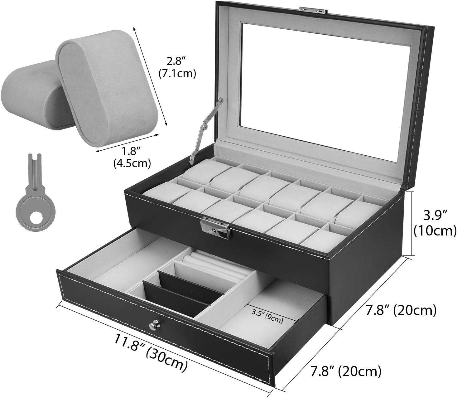 Hossejoy Leather Watch Box 12 Mens Watch Organizer with Jewelry Display Drawer Lockable Watch Case Organizer, Black - 4