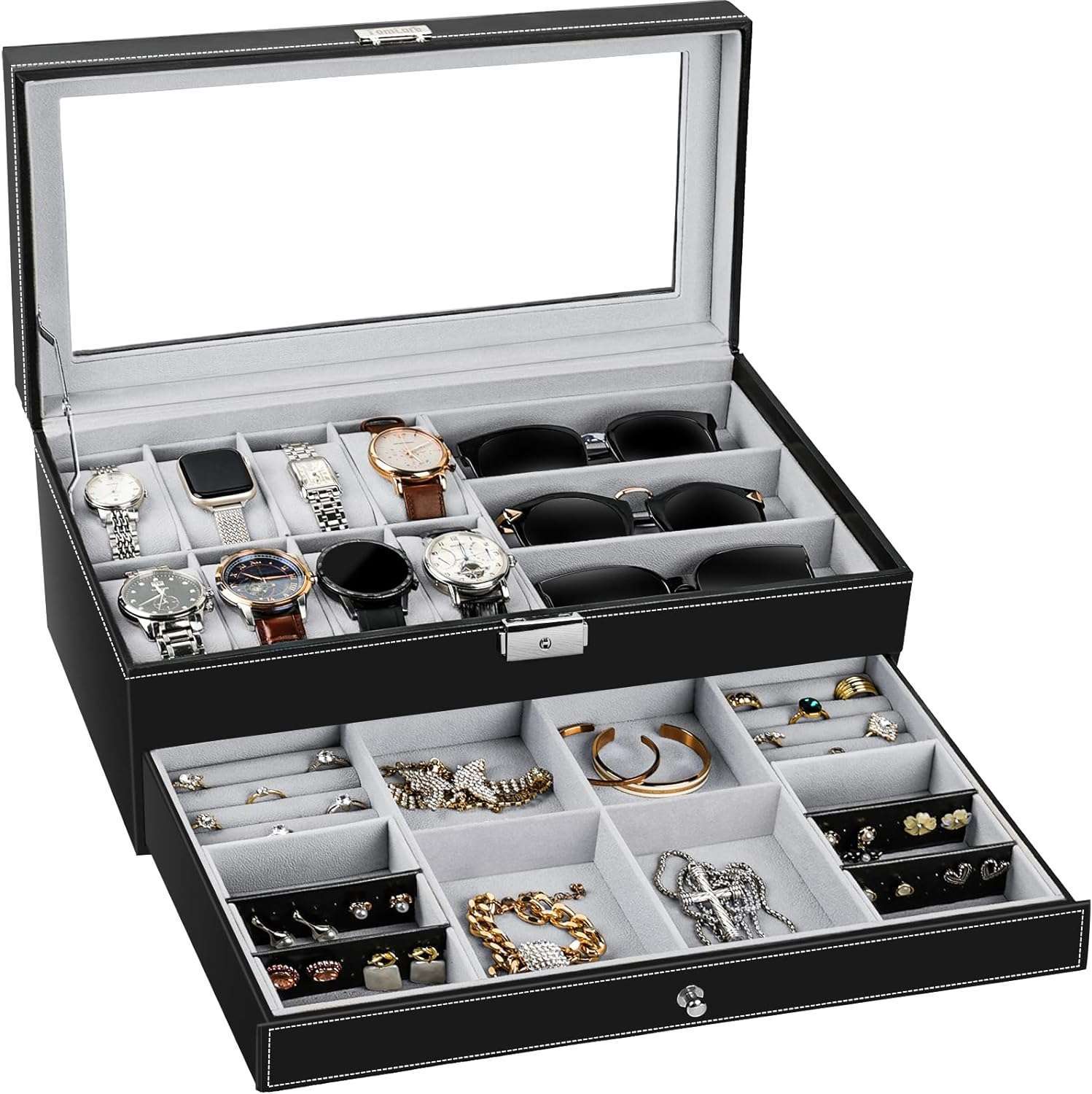 TomCare Watch Box Watch Case Jewelry Organizer Holder Jewelry Display Box Case Sunglasses Storage Organizer Lockable with Glass Top and PU Leather for Men Women, Black - 1