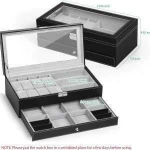 TomCare Watch Box Watch Case Jewelry Organizer Holder Jewelry Display Box Case Sunglasses Storage Organizer Lockable with Glass Top and PU Leather for Men Women, Black - 2