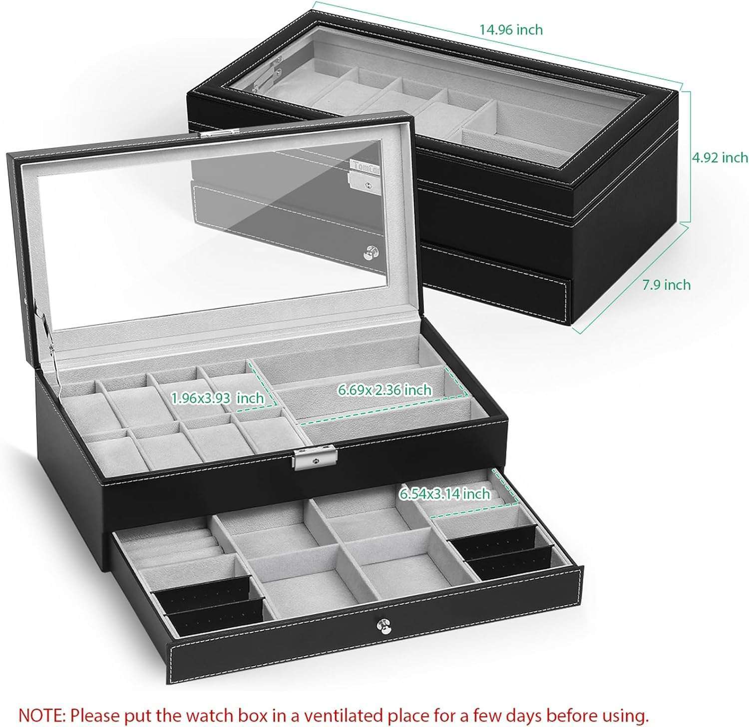 TomCare Watch Box Watch Case Jewelry Organizer Holder Jewelry Display Box Case Sunglasses Storage Organizer Lockable with Glass Top and PU Leather for Men Women, Black - 2