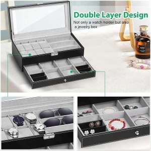 TomCare Watch Box Watch Case Jewelry Organizer Holder Jewelry Display Box Case Sunglasses Storage Organizer Lockable with Glass Top and PU Leather for Men Women, Black - 3