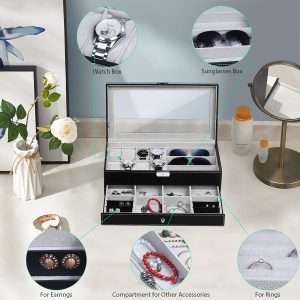 TomCare Watch Box Watch Case Jewelry Organizer Holder Jewelry Display Box Case Sunglasses Storage Organizer Lockable with Glass Top and PU Leather for Men Women, Black - 4