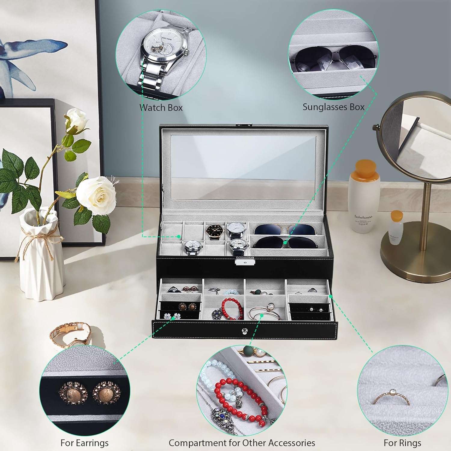 TomCare Watch Box Watch Case Jewelry Organizer Holder Jewelry Display Box Case Sunglasses Storage Organizer Lockable with Glass Top and PU Leather for Men Women, Black - 4
