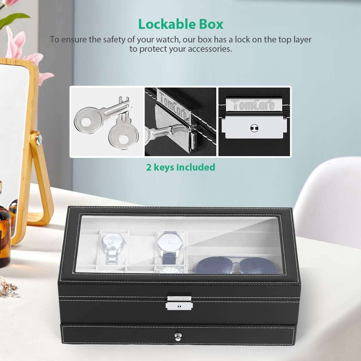 TomCare Watch Box Watch Case Jewelry Organizer Holder Jewelry Display Box Case Sunglasses Storage Organizer Lockable with Glass Top and PU Leather for Men Women, Black - 5