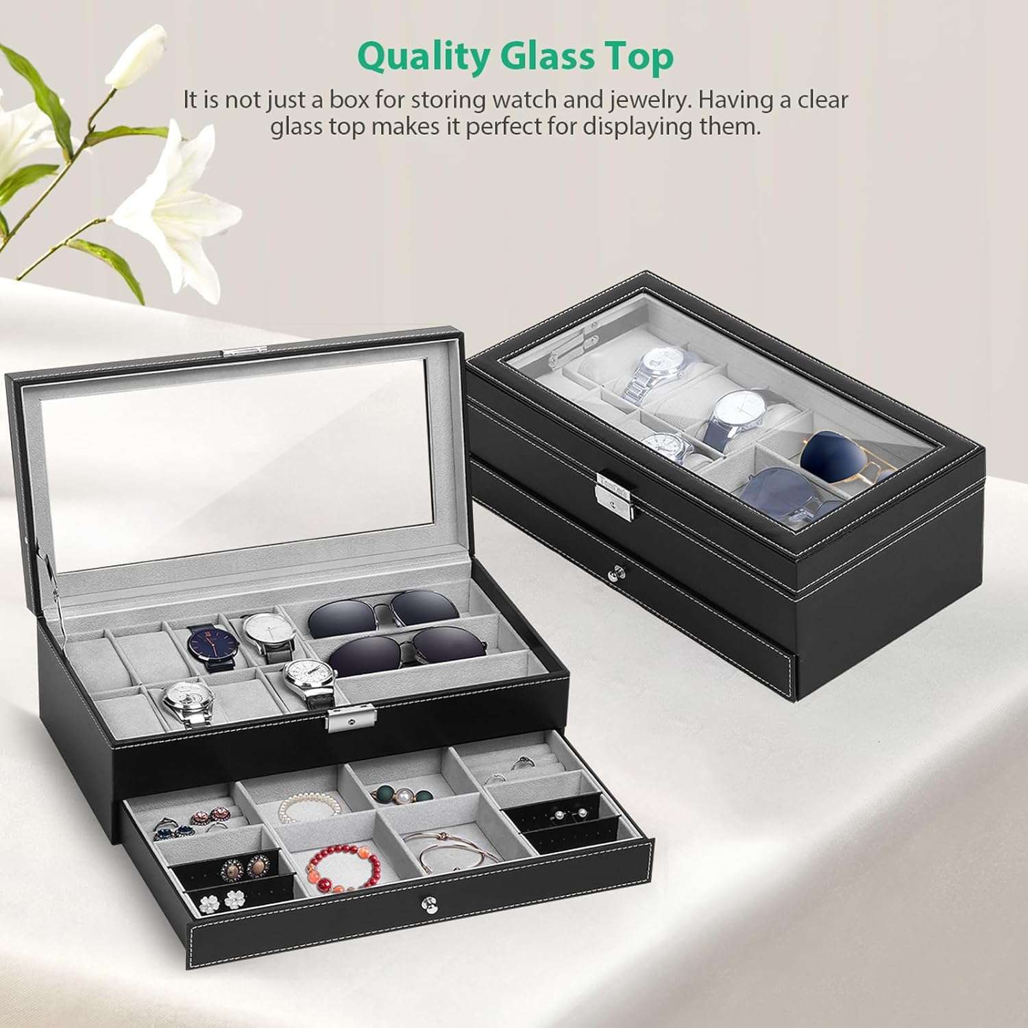 TomCare Watch Box Watch Case Jewelry Organizer Holder Jewelry Display Box Case Sunglasses Storage Organizer Lockable with Glass Top and PU Leather for Men Women, Black - 6TomCare Watch Box Watch Case Jewelry Organizer Holder Jewelry Display Box Case Sunglasses Storage Organizer Lockable with Glass Top and PU Leather for Men Women, Black - 6