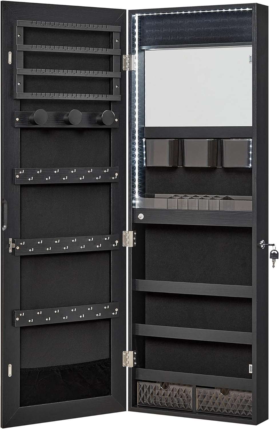 SONGMICS Jewelry Cabinet Armoire Organizer with LED Lights, Wall-Mounted Storage Cabinet with Full-Length Frameless Mirror, Built-in Makeup Mirror, 2 Drawers, Lockable - 1