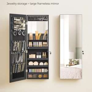 SONGMICS Jewelry Cabinet Armoire Organizer with LED Lights, Wall-Mounted Storage Cabinet with Full-Length Frameless Mirror, Built-in Makeup Mirror, 2 Drawers, Lockable - 2