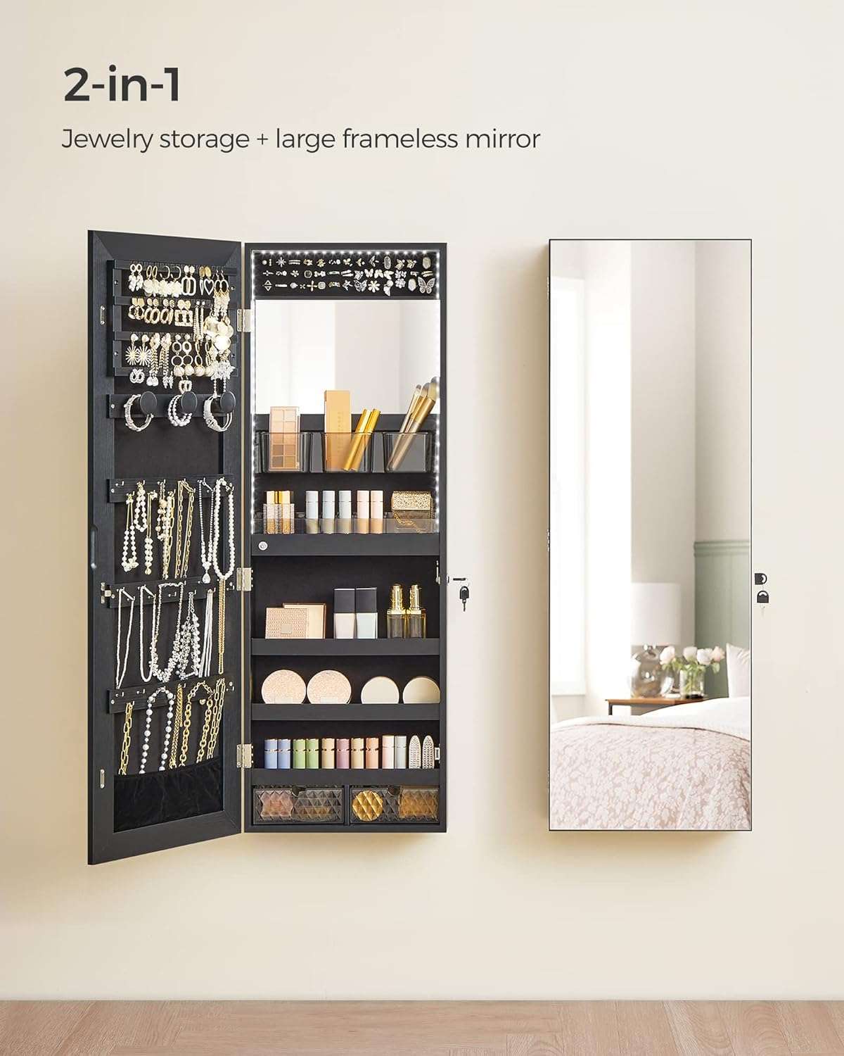 SONGMICS Jewelry Cabinet Armoire Organizer with LED Lights, Wall-Mounted Storage Cabinet with Full-Length Frameless Mirror, Built-in Makeup Mirror, 2 Drawers, Lockable - 2