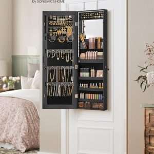 SONGMICS Jewelry Cabinet Armoire Organizer with LED Lights, Wall-Mounted Storage Cabinet with Full-Length Frameless Mirror, Built-in Makeup Mirror, 2 Drawers, Lockable - 3