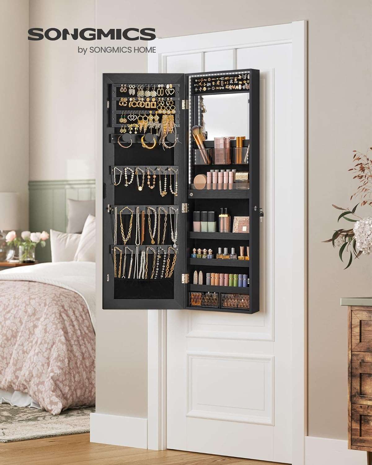 SONGMICS Jewelry Cabinet Armoire Organizer with LED Lights, Wall-Mounted Storage Cabinet with Full-Length Frameless Mirror, Built-in Makeup Mirror, 2 Drawers, Lockable - 3