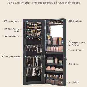 SONGMICS Jewelry Cabinet Armoire Organizer with LED Lights, Wall-Mounted Storage Cabinet with Full-Length Frameless Mirror, Built-in Makeup Mirror, 2 Drawers, Lockable - 4