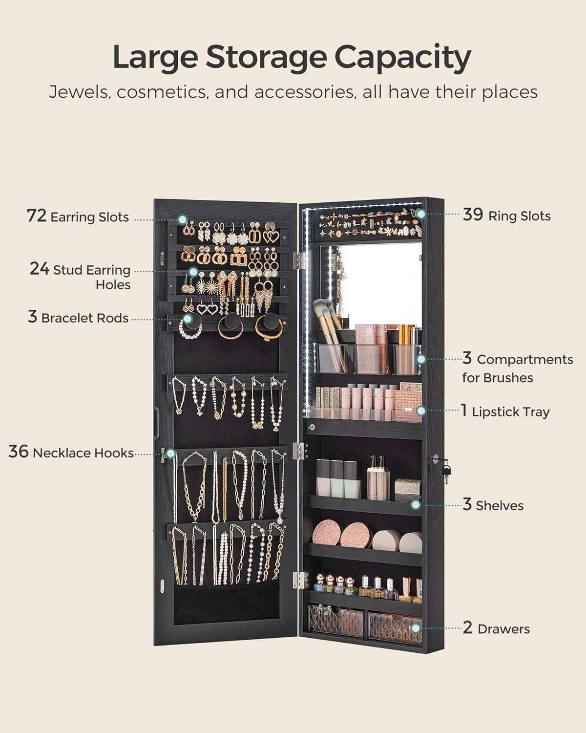 SONGMICS Jewelry Cabinet Armoire Organizer with LED Lights, Wall-Mounted Storage Cabinet with Full-Length Frameless Mirror, Built-in Makeup Mirror, 2 Drawers, Lockable - 4