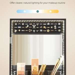 SONGMICS Jewelry Cabinet Armoire Organizer with LED Lights, Wall-Mounted Storage Cabinet with Full-Length Frameless Mirror, Built-in Makeup Mirror, 2 Drawers, Lockable - 5
