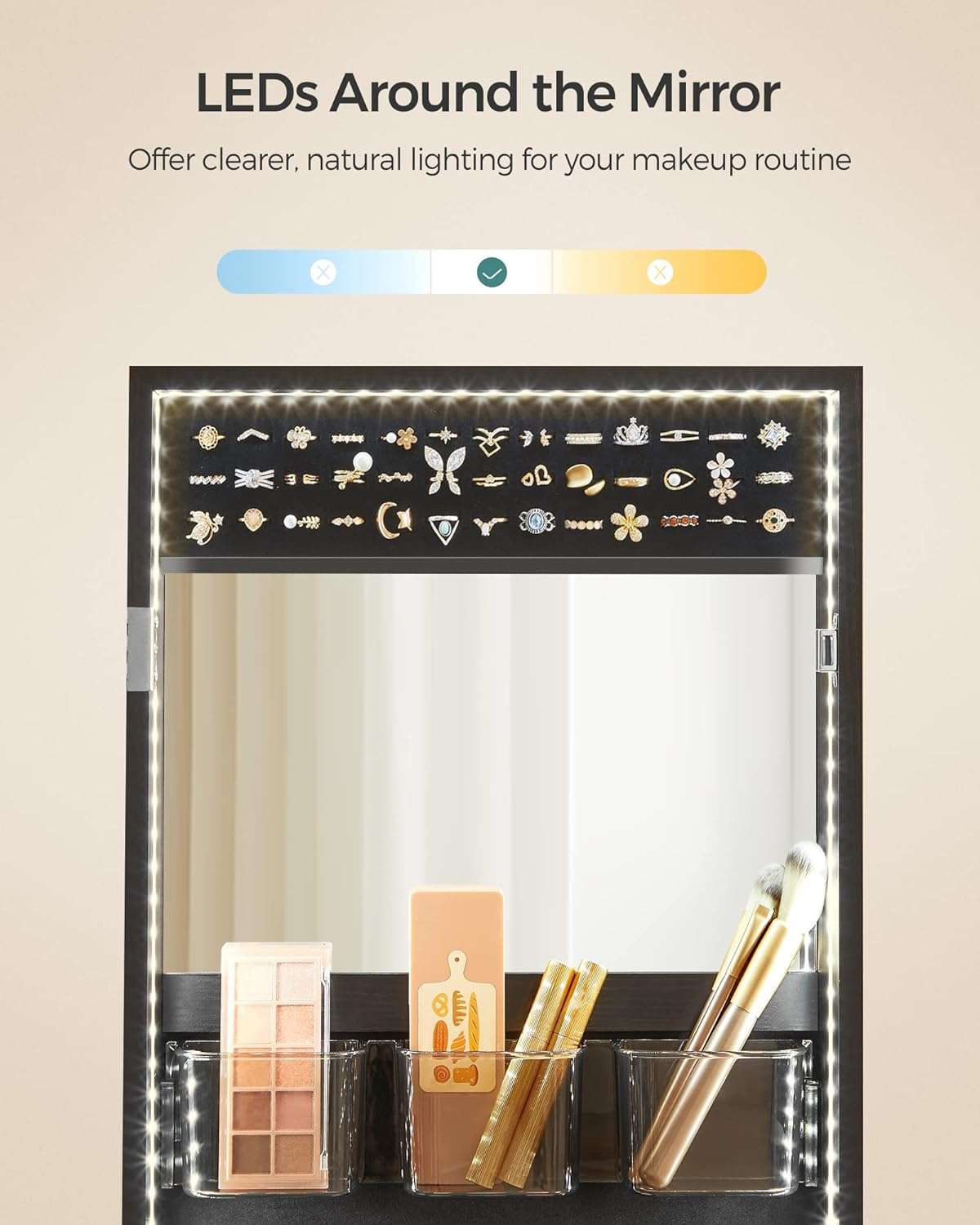 SONGMICS Jewelry Cabinet Armoire Organizer with LED Lights, Wall-Mounted Storage Cabinet with Full-Length Frameless Mirror, Built-in Makeup Mirror, 2 Drawers, Lockable - 5