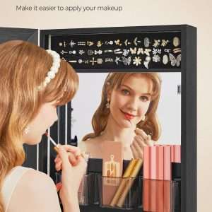 SONGMICS Jewelry Cabinet Armoire Organizer with LED Lights, Wall-Mounted Storage Cabinet with Full-Length Frameless Mirror, Built-in Makeup Mirror, 2 Drawers, Lockable - 6