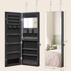 SONGMICS Jewelry Cabinet Armoire Organizer with LED Lights, Wall-Mounted Storage Cabinet with Full-Length Frameless Mirror, Built-in Makeup Mirror, 2 Drawers, Lockable - 7