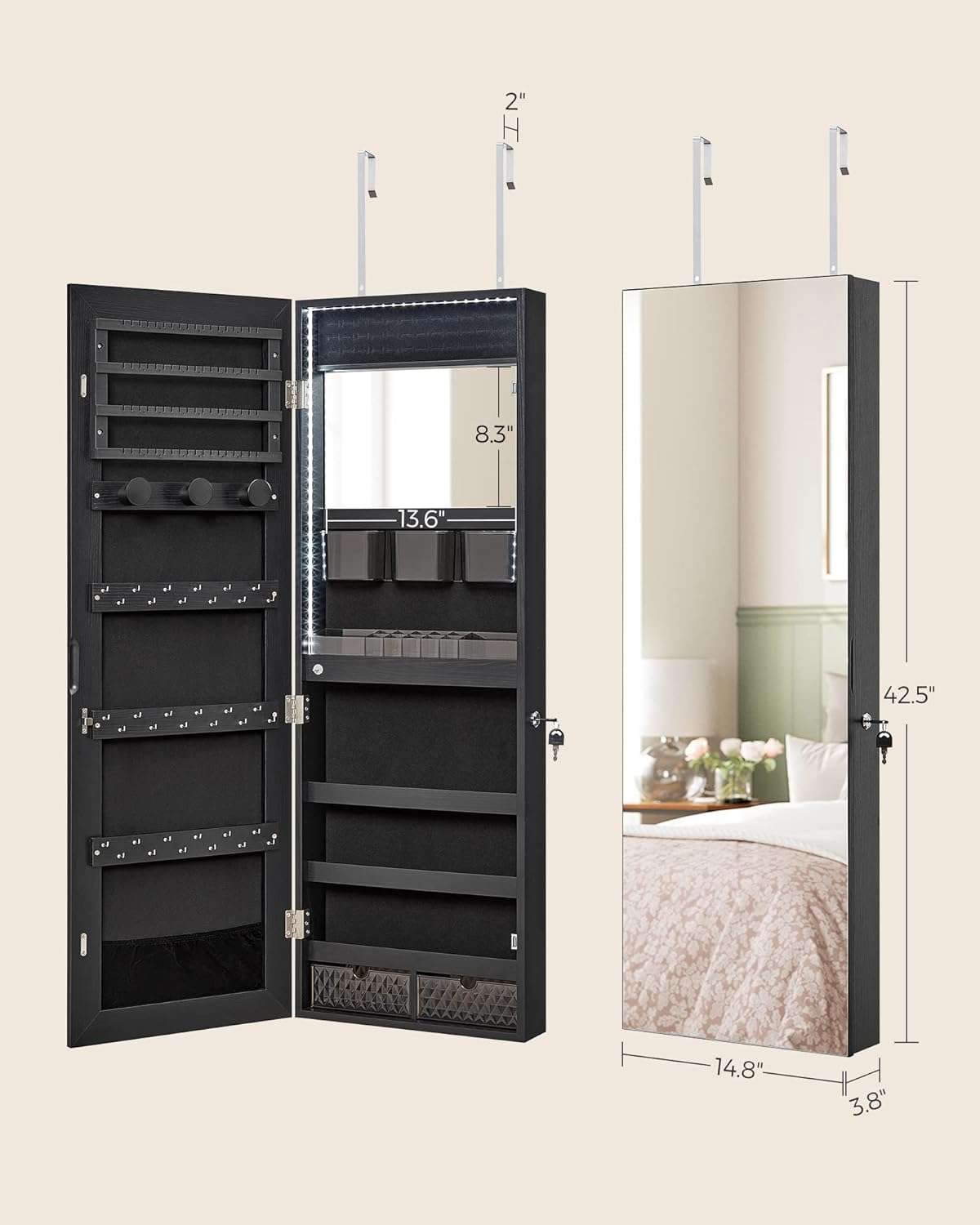 SONGMICS Jewelry Cabinet Armoire Organizer with LED Lights, Wall-Mounted Storage Cabinet with Full-Length Frameless Mirror, Built-in Makeup Mirror, 2 Drawers, Lockable - 7