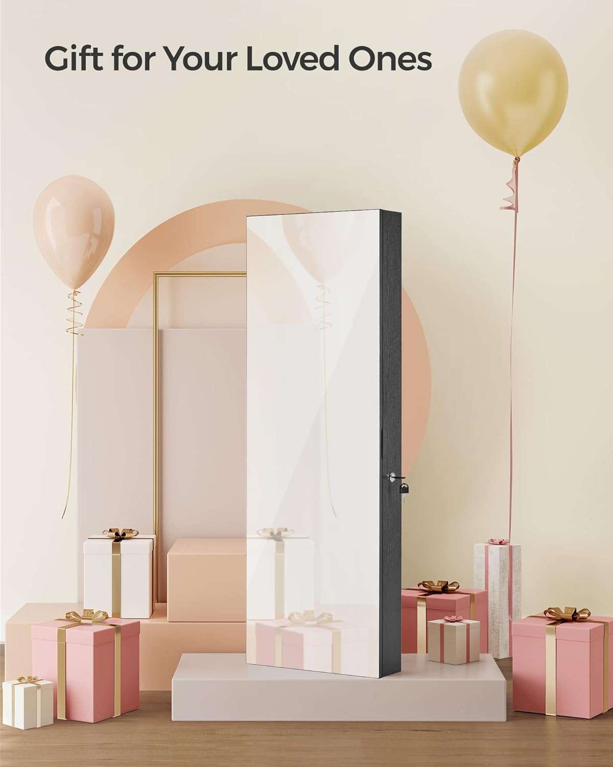 SONGMICS Jewelry Cabinet Armoire Organizer with LED Lights, Wall-Mounted Storage Cabinet with Full-Length Frameless Mirror, Built-in Makeup Mirror, 2 Drawers, Lockable - 9