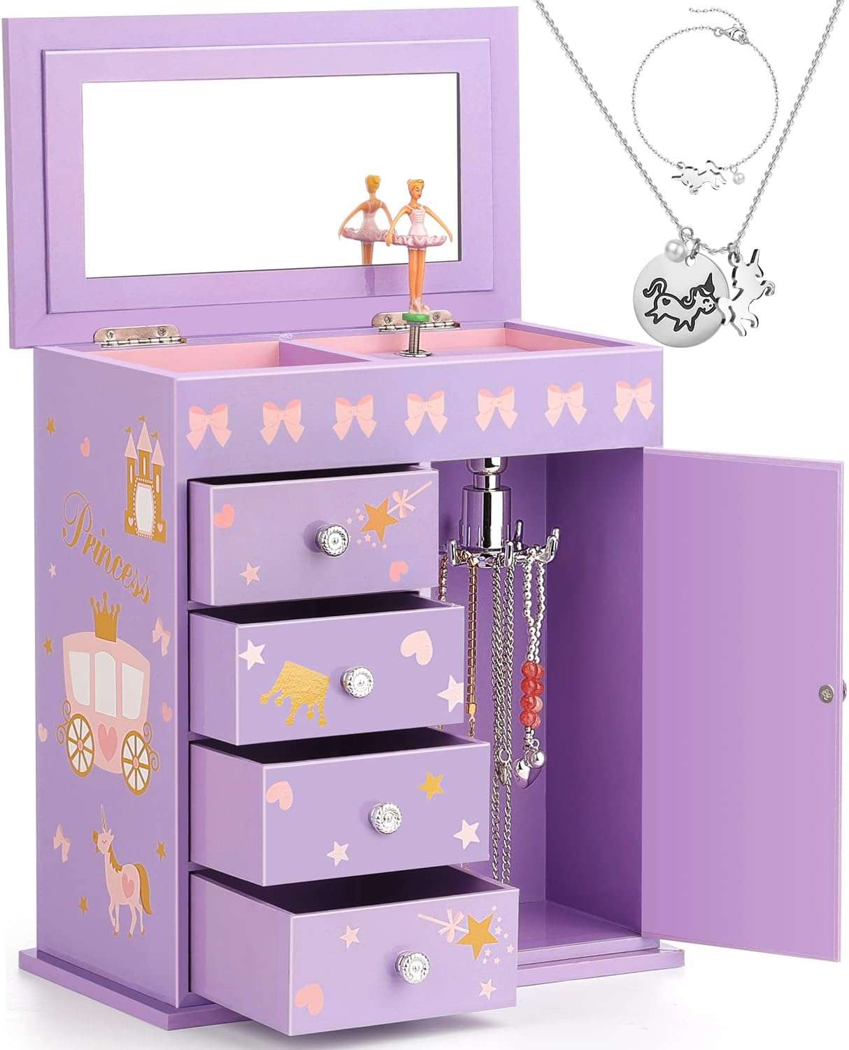 Upgrade Jewelry Box for Girls 5-Layer with Swing Door Spinning Ballerina Unicorn &Castle Design Unicorn Jewelry Set Included Kids Jewelry Box for Little Girls Birthday Christmas Gift Purple - 1