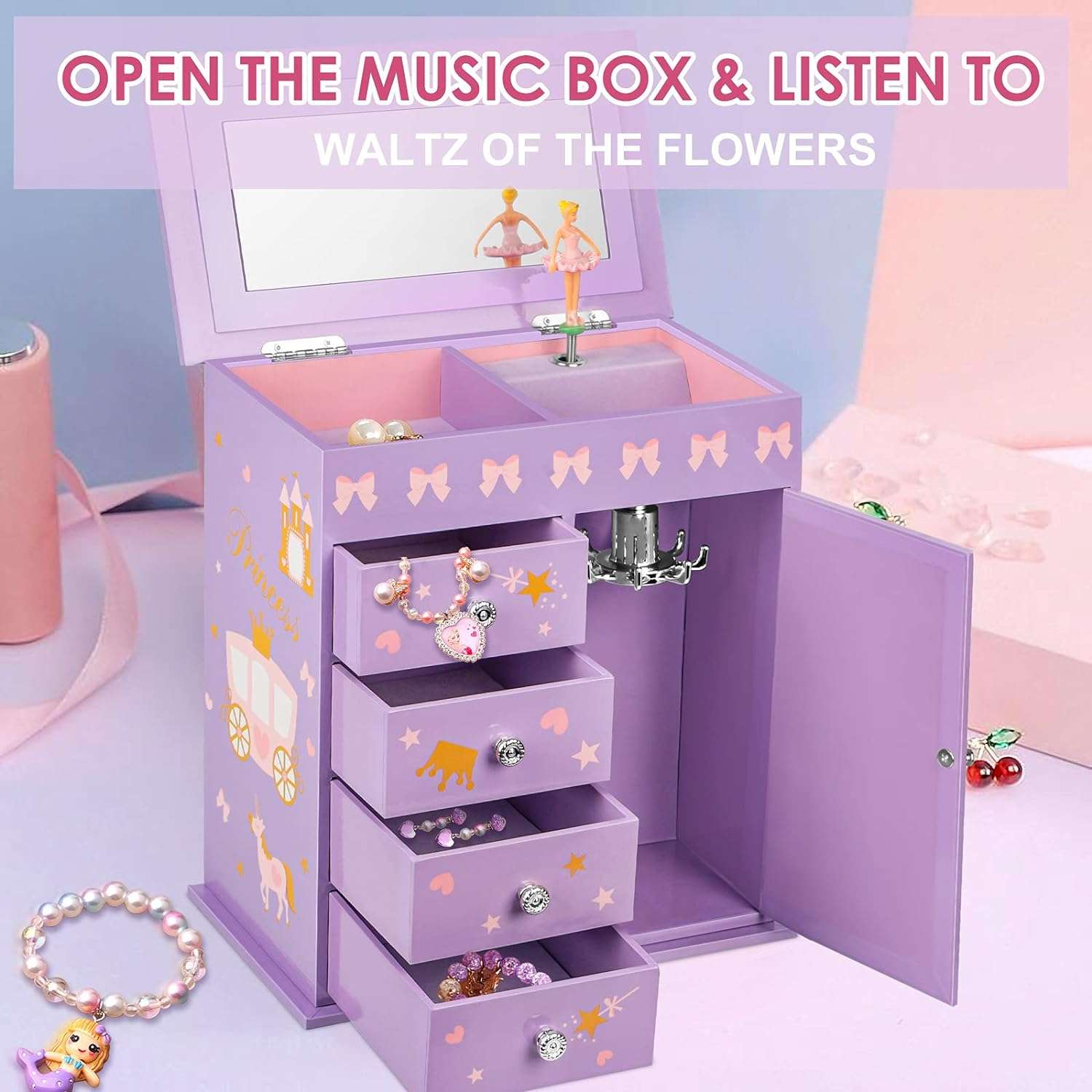 Upgrade Jewelry Box for Girls 5-Layer with Swing Door Spinning Ballerina Unicorn &Castle Design Unicorn Jewelry Set Included Kids Jewelry Box for Little Girls Birthday Christmas Gift Purple - 2
