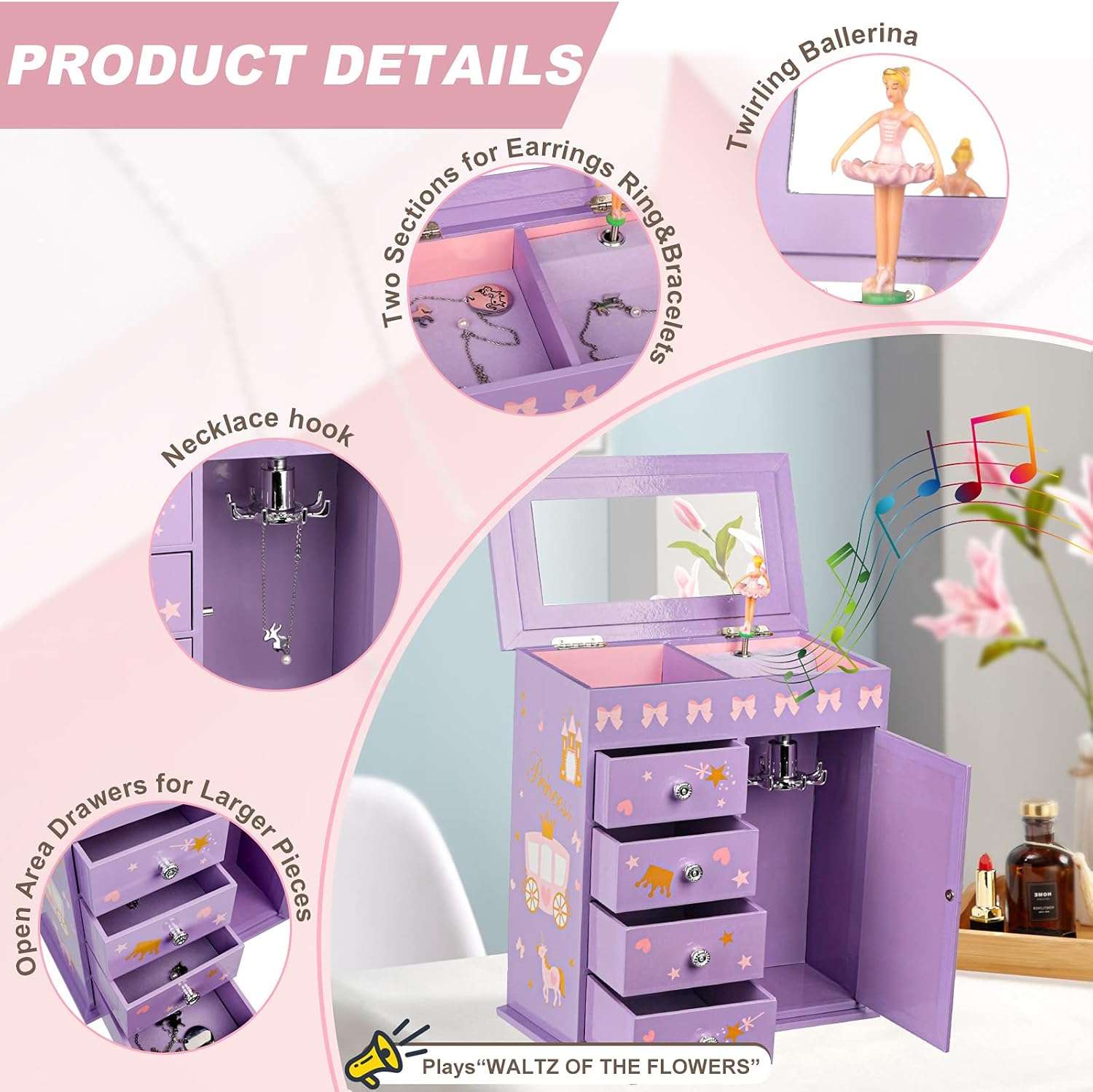 Upgrade Jewelry Box for Girls 5-Layer with Swing Door Spinning Ballerina Unicorn &Castle Design Unicorn Jewelry Set Included Kids Jewelry Box for Little Girls Birthday Christmas Gift Purple - 3
