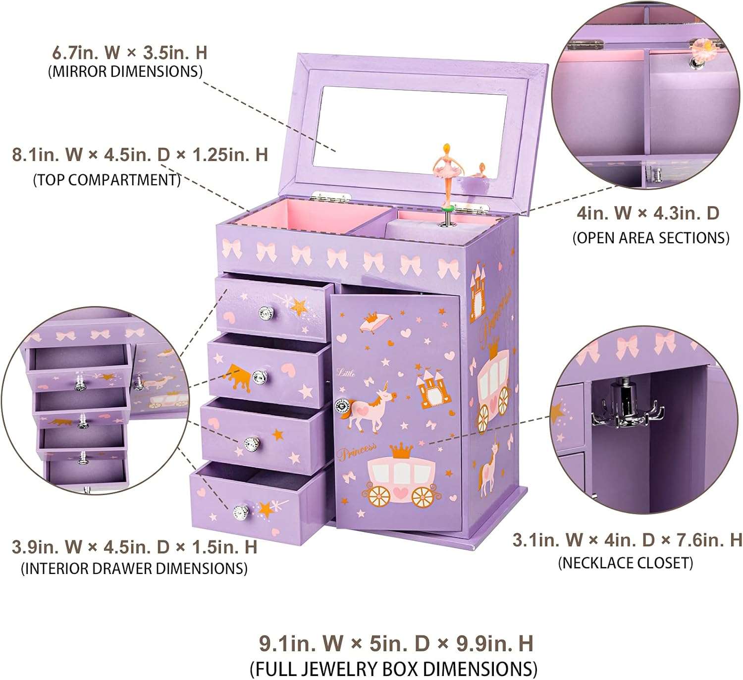 Upgrade Jewelry Box for Girls 5-Layer with Swing Door Spinning Ballerina Unicorn &Castle Design Unicorn Jewelry Set Included Kids Jewelry Box for Little Girls Birthday Christmas Gift Purple - 4
